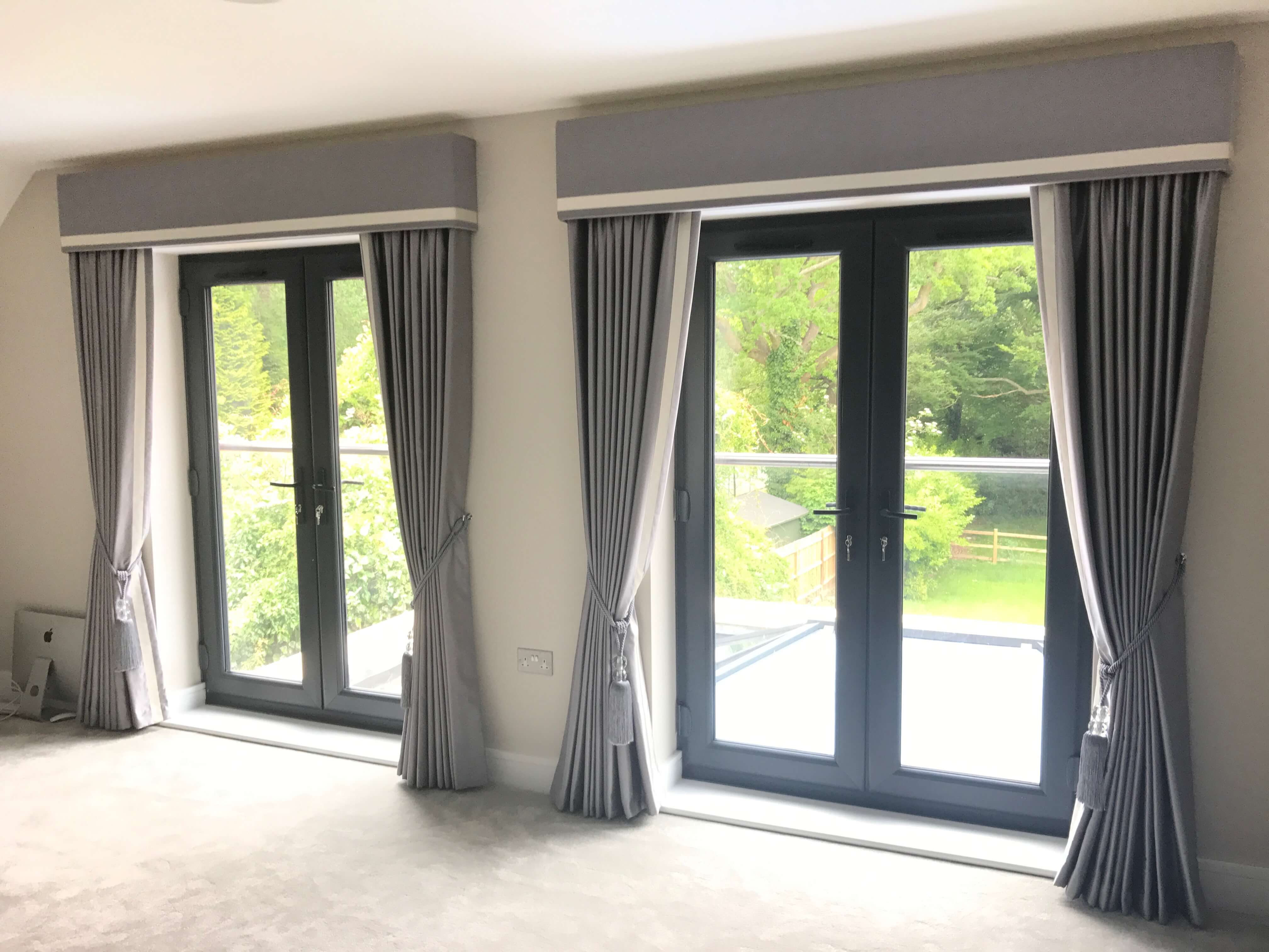 Grey bedroom curtains with box pelmets