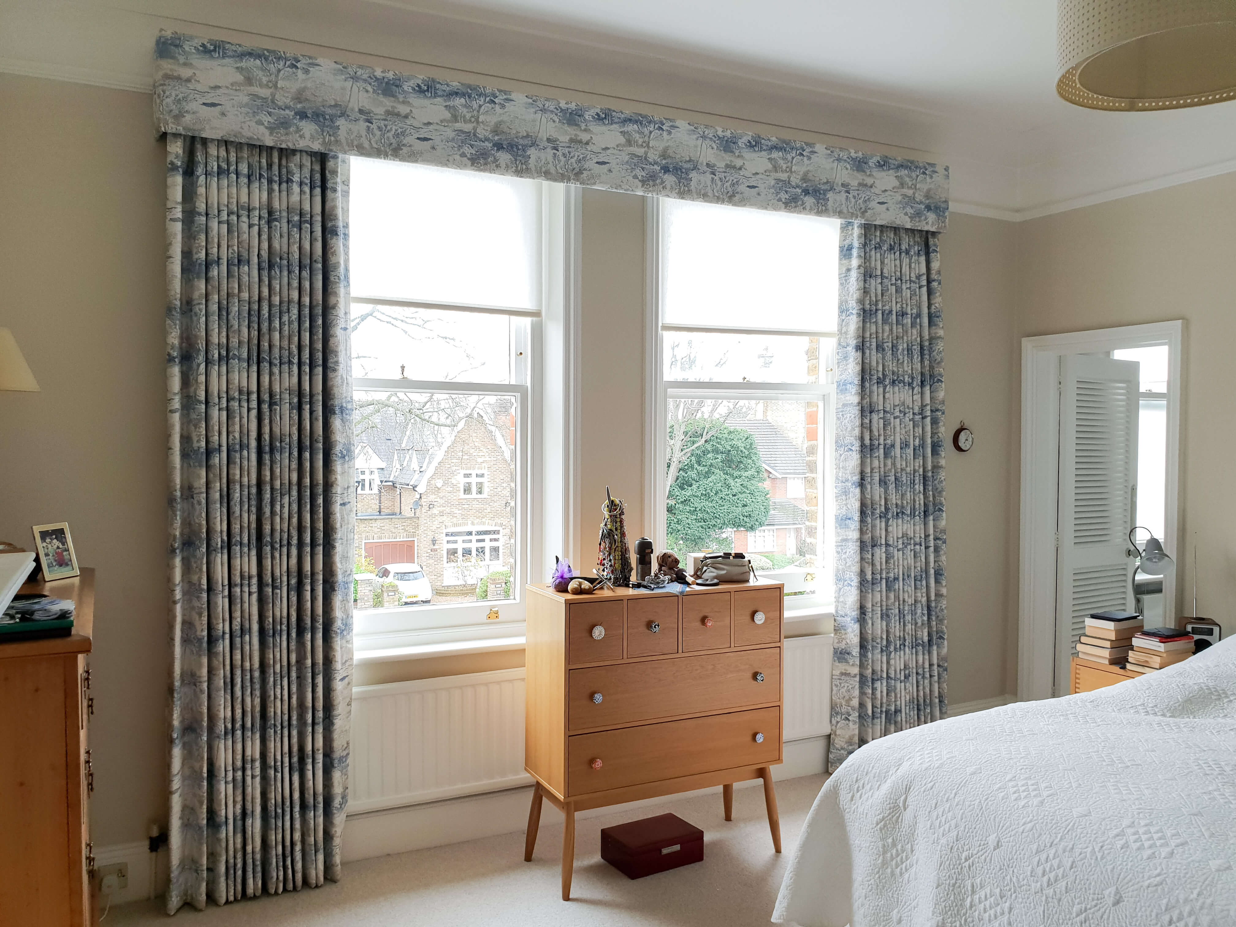 Patterened bedroom curtains with box pelmet