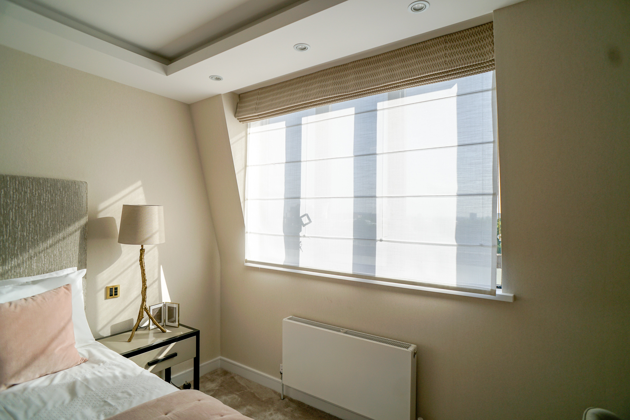 Bedroom Electronic Roman Blind and Sheer Roman