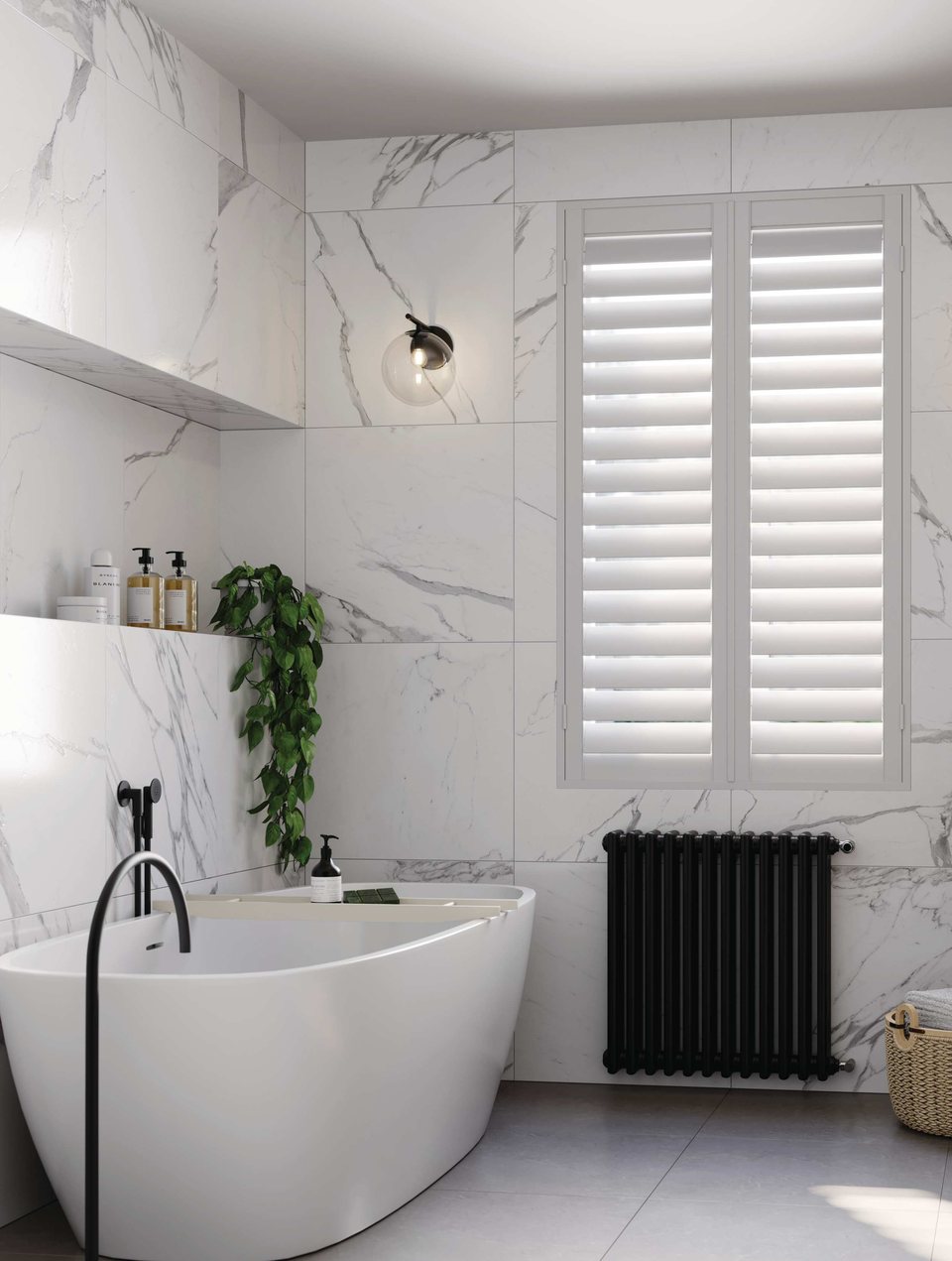 White Dulwich PVC shutters beside a bath