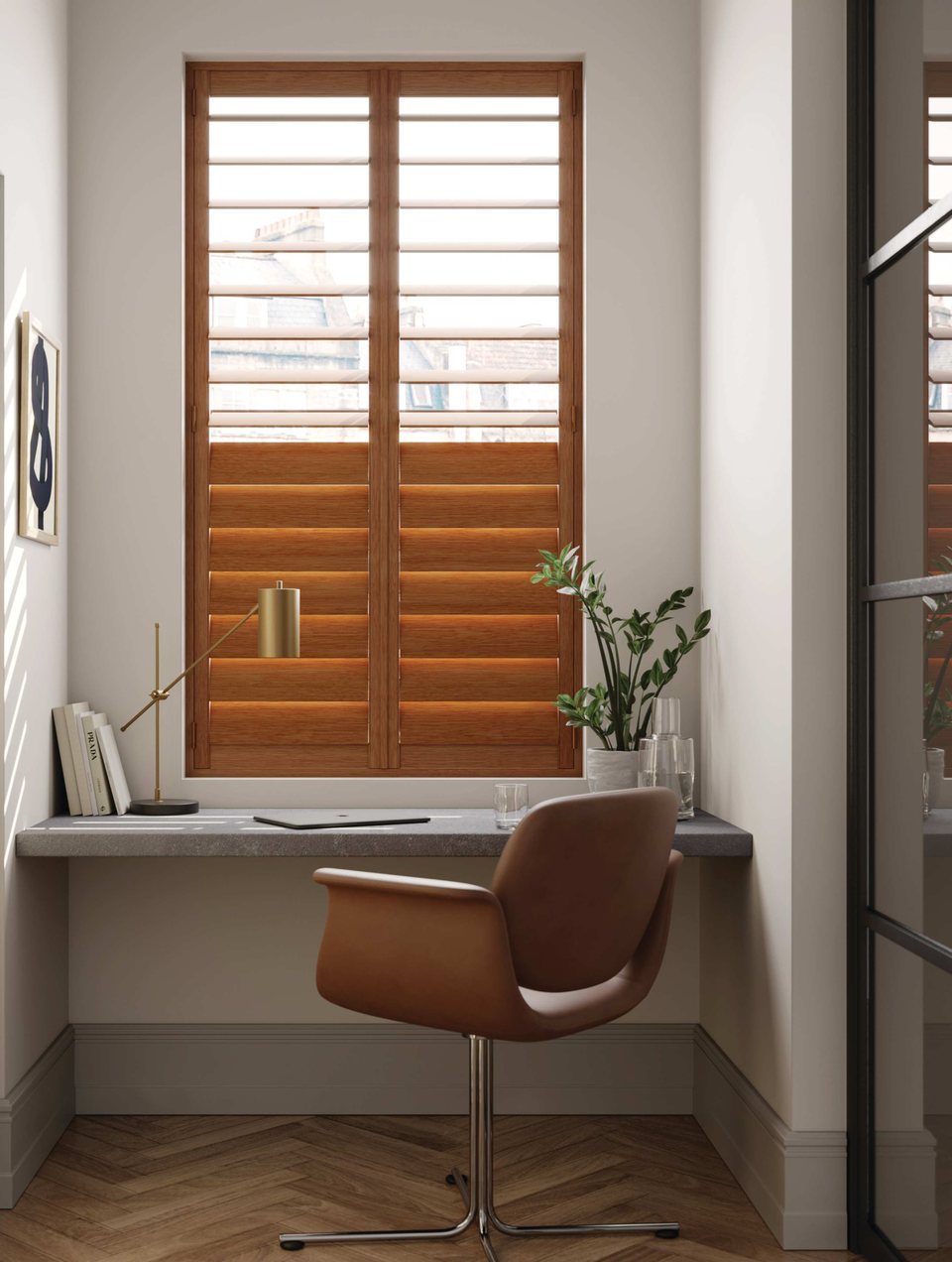 Stained full-height shutters covering a tall window