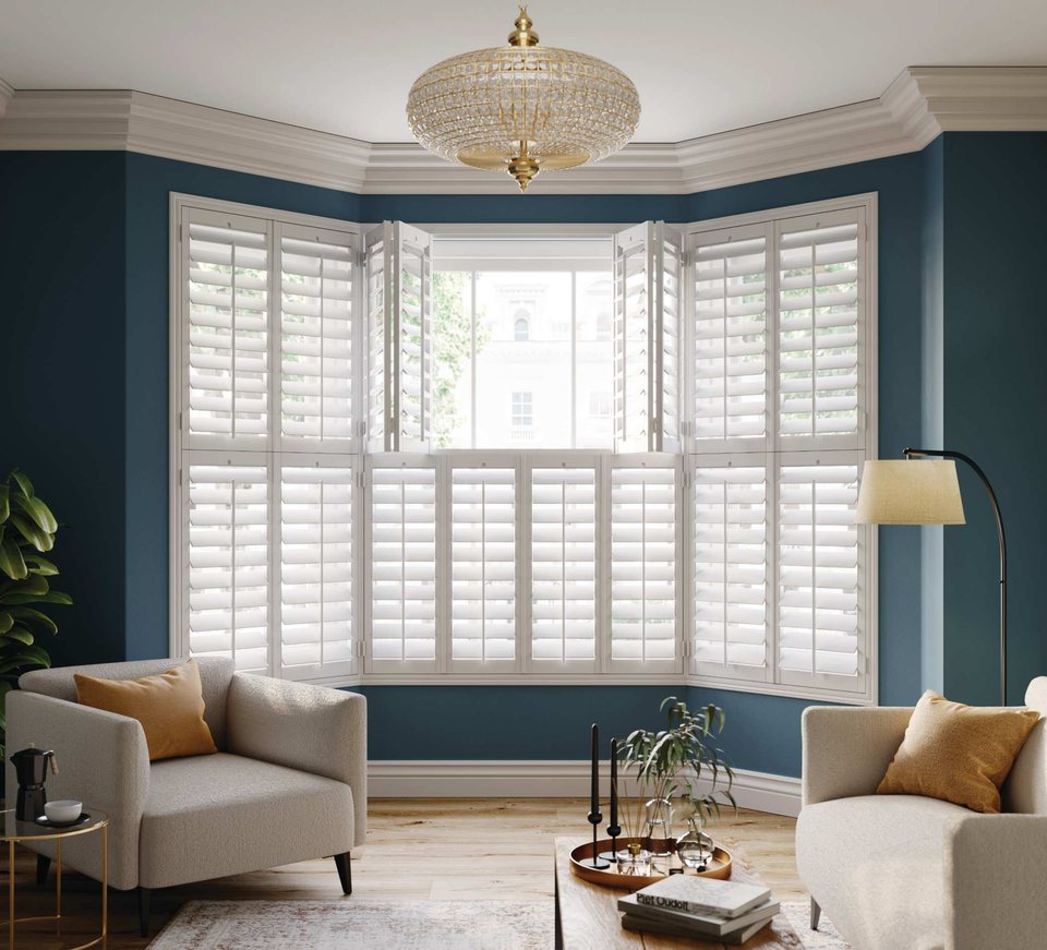 White tier-on-tier shutters in a blue living room